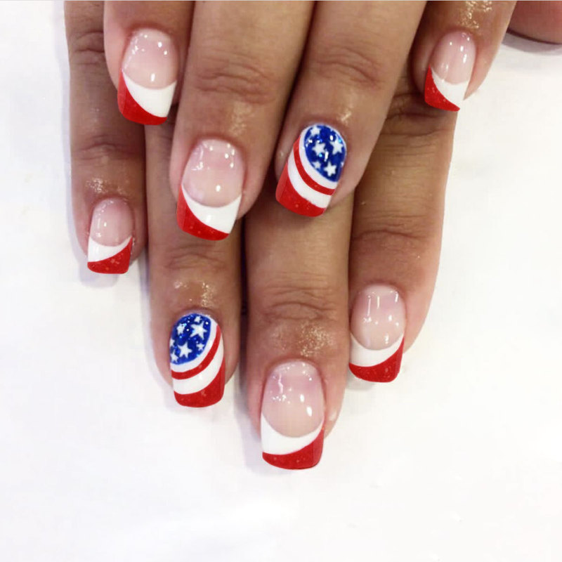 Independence Day Wear Armor Square Red White Blue Star with Stripe Design Removable Finished Fake Nails