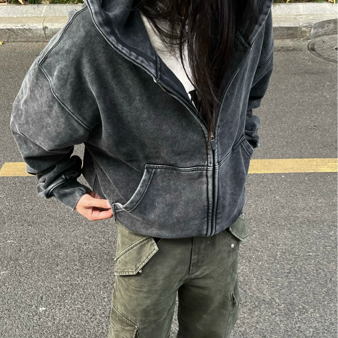 500g重磅水洗短宽松纯棉毛圈拉链连帽卫衣通勤外套秋冬水洗黑灰