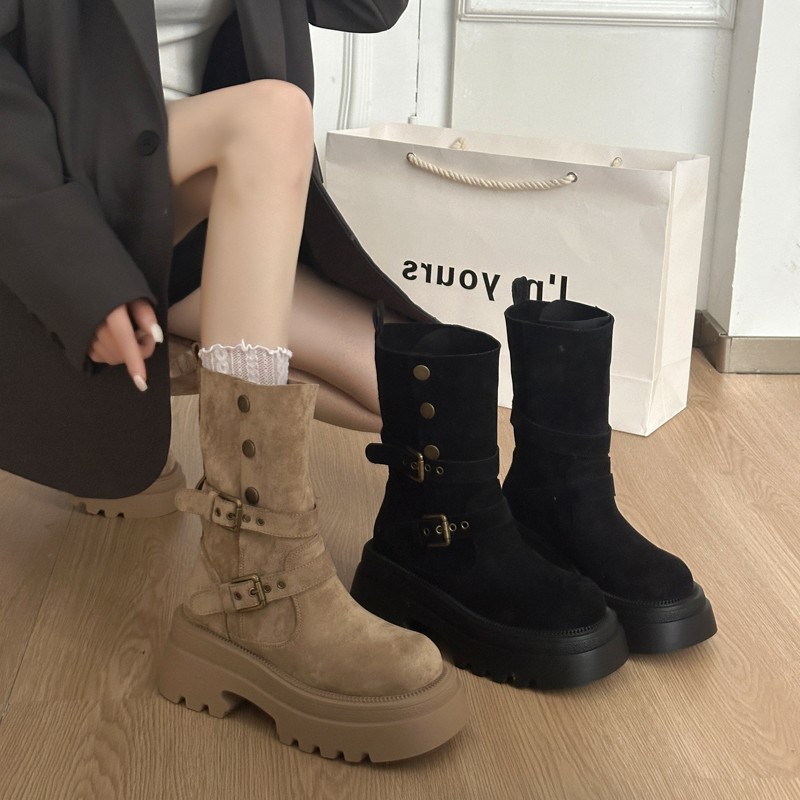 黑色复古粗跟厚底马丁靴女款2025新款春秋英伦风显瘦增高中筒靴子|undefined