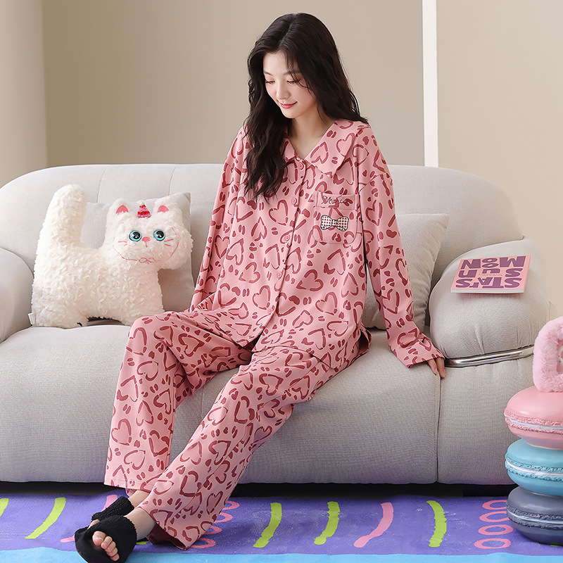 [Algodón puro] 40 pijamas de doble cara para mujer, primavera, otoño e invierno, nuevo estilo de manga larga con almohadilla para el pecho, traje de servicio a domicilio que se puede usar afuera