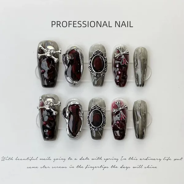 Dark Halloween Skull Cross Dark Red European and American Style Handmade Wearable Nails Cool and Scary Horror Style Nail Stickers