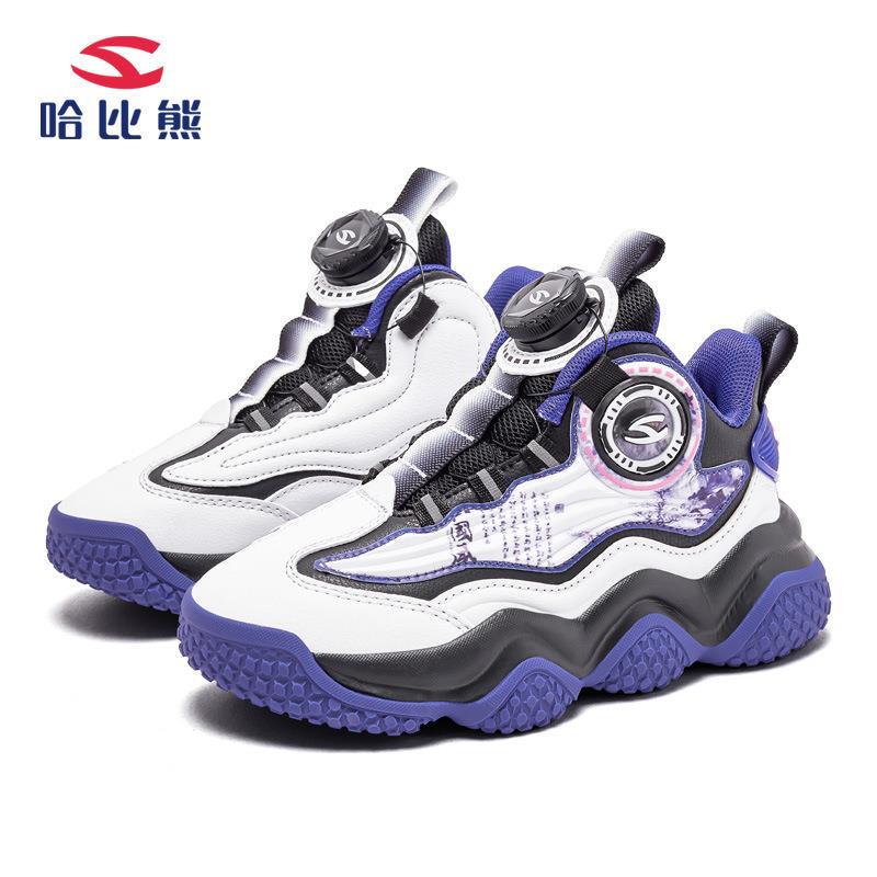 Habi Bear Children's Shoes 23 Spring and Autumn New Boys Basketball Shoes Leather Rotary Button Casual Shoes Children's Sports Shoes