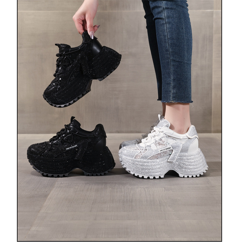 Giày sneaker nữ đế dày tăng chiều cao đính đá lưới thoáng mát — màu đen chi tiết 17