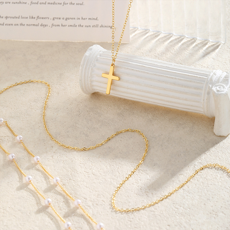 Luxury Light Copper Gold-Plated Necklace with Real Gold Cross Pearl Chain Clavicle Fashion Multi-Layered Choker_voghion.com