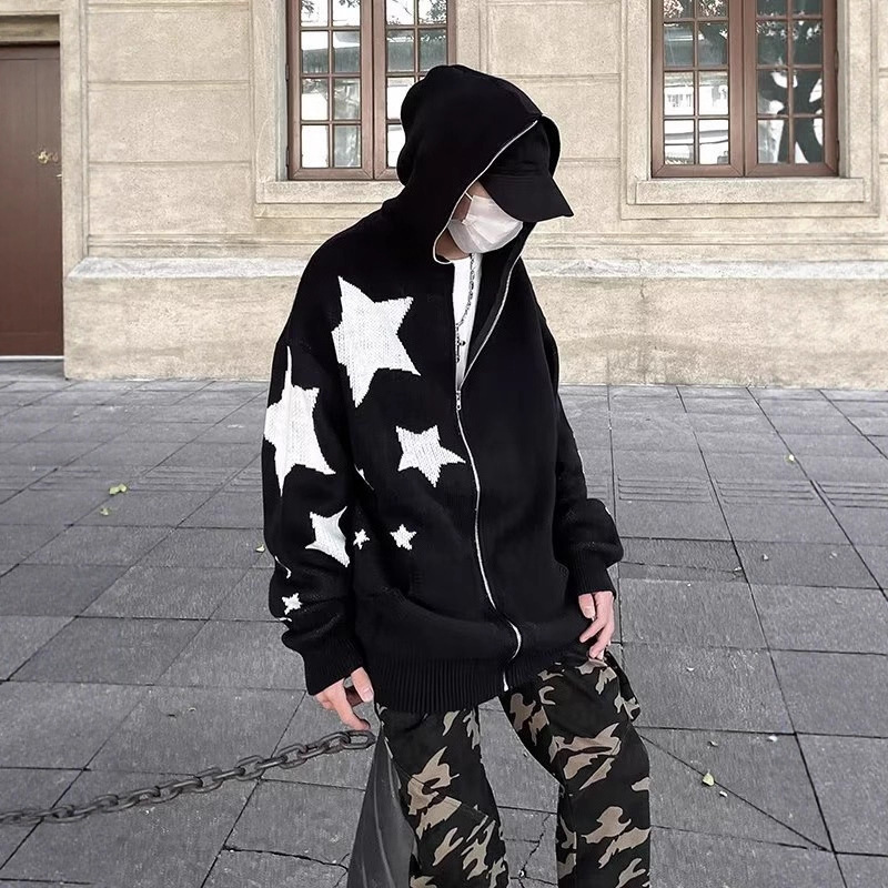 2025 National Trend American Retro Jacquard Star Design Cardigan Knitted Sweater Hooded Jacket Men's and Women's Trendy Brand Tops