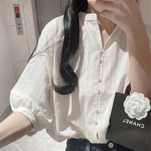 法式白色棉麻衬衫女夏夏季设计感小众亚麻短袖衬衣中袖五分袖上衣