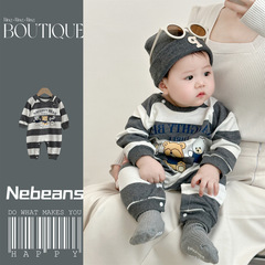 潮款條紋小熊寶寶衣服 0-2歲男女寶灰色三隻小熊棉質連身哈衣爬服