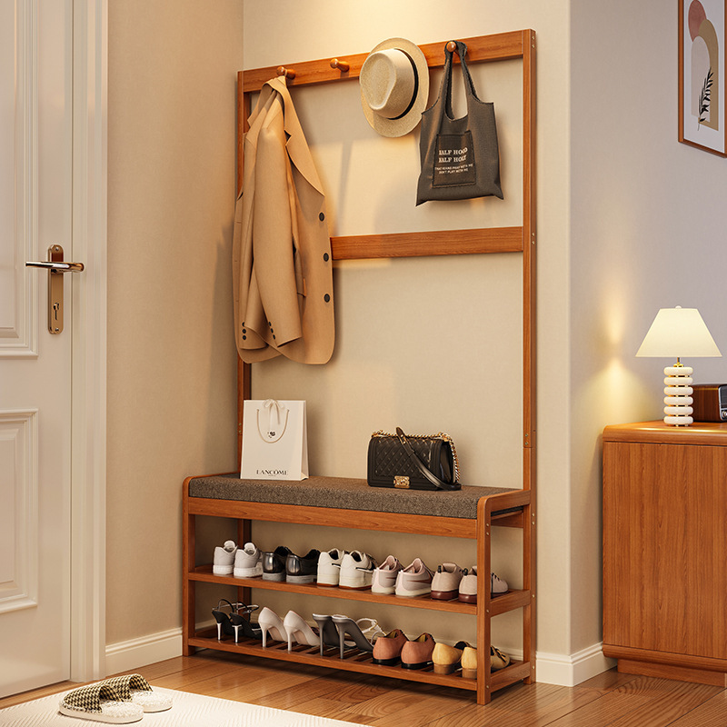 Shoe-Changing Bench with Integrated Storage, Coat Rack, Floor-Standing Clothes Rack, Simple Household Organizer, Long Bench for Rental Apartment Entrance