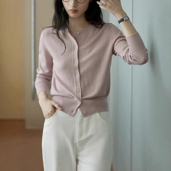 Temperament Commuter Meilu Wool Black Crewneck Knitted Cardigan Women's Spring and Autumn Long Sleeve Sweater Top
