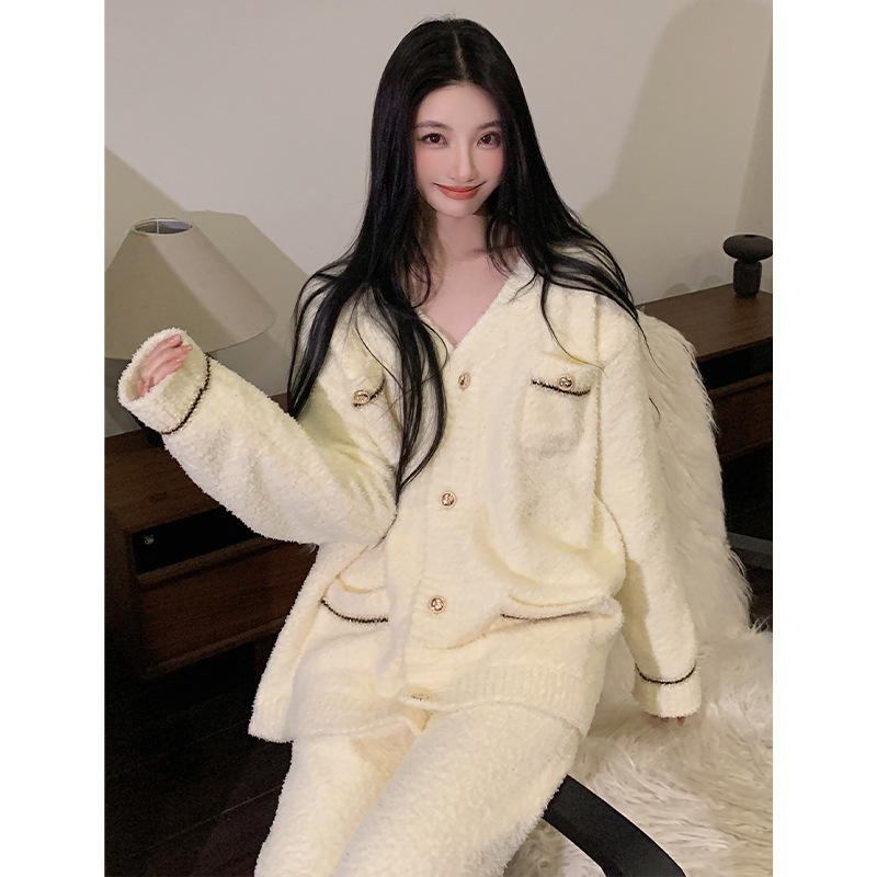 黑色小香风软绵绵睡衣女秋冬季长袖开衫珊瑚绒加厚保暖家居服套装|undefined