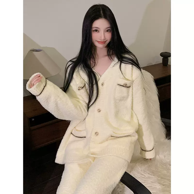 软绵绵睡衣女秋冬季白色小香风加厚保暖冬款半边绒可外穿家居服新