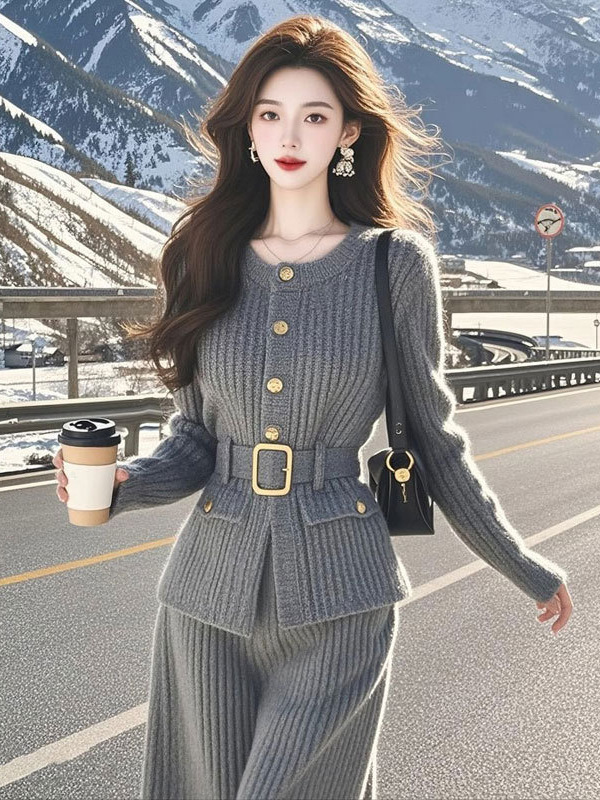 2025秋独特绝美高级感气质显瘦针织外套裤子套装女一整套初冬穿搭|undefined