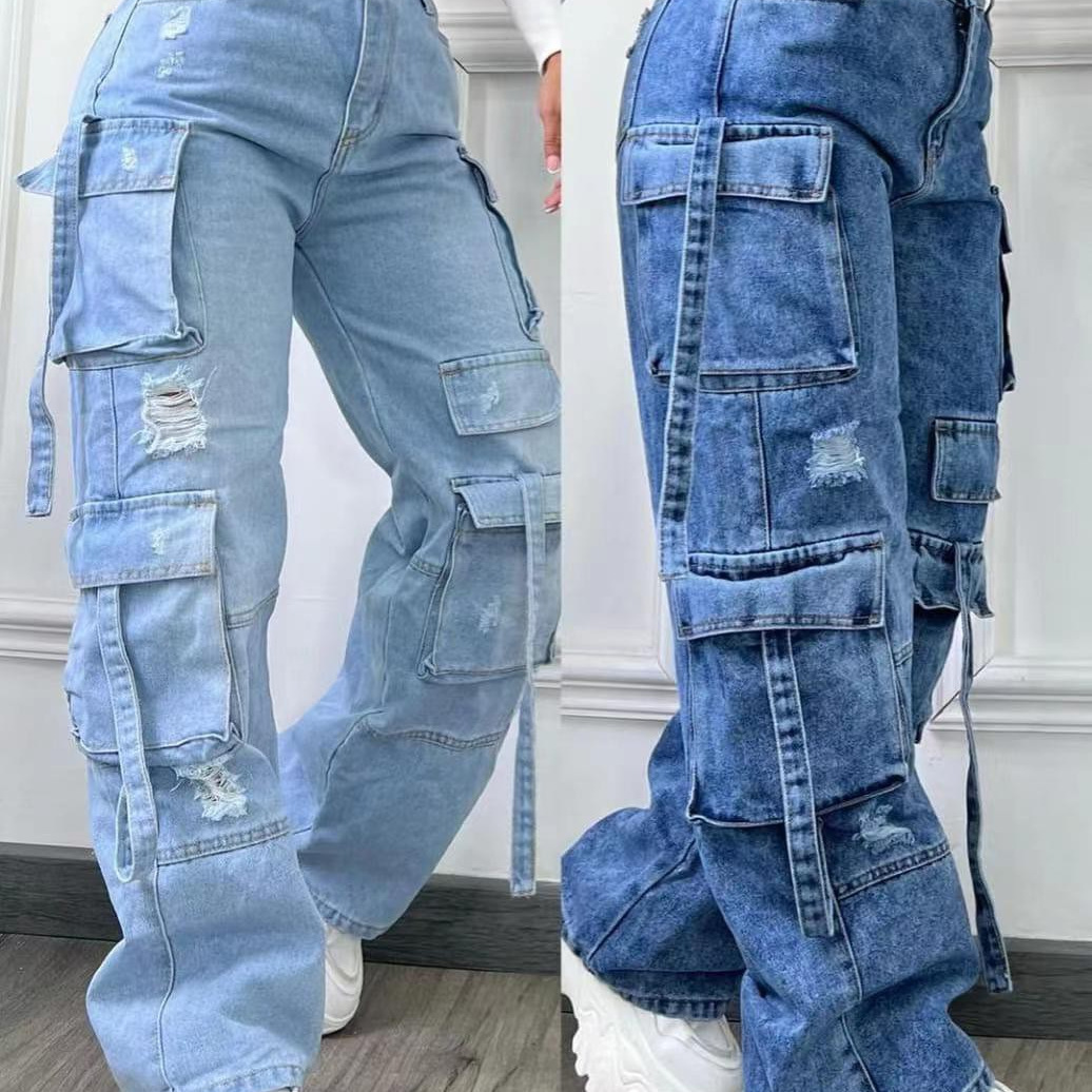 Women's High-Waisted Washed Retro Jeans Multi-Pocket Casual Cargo Pants For Foreign Trade Cross-Border Europe And America_ecoleips.com
