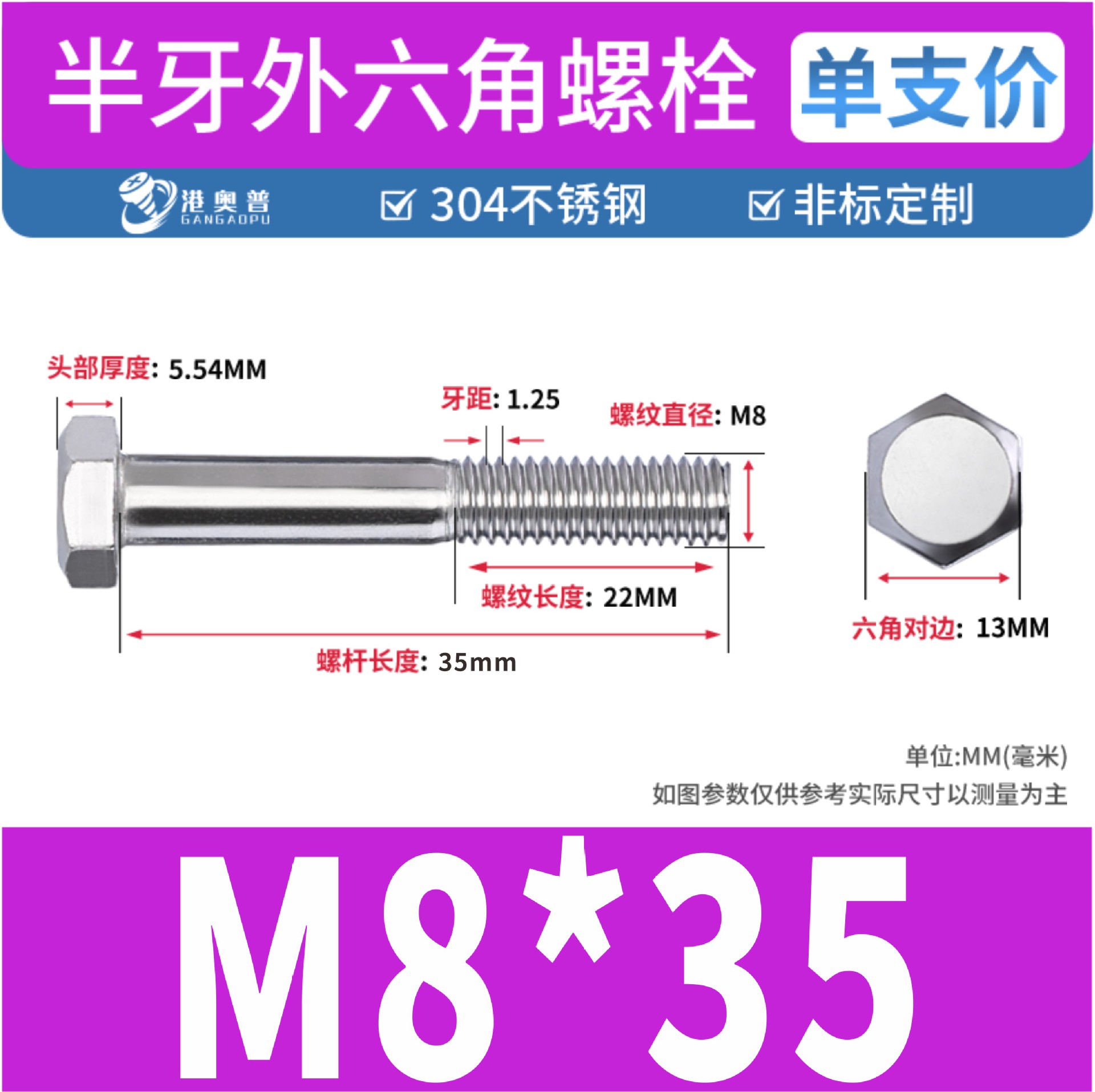 Tornillos hexagonales de media rosca, acero inoxidable 304