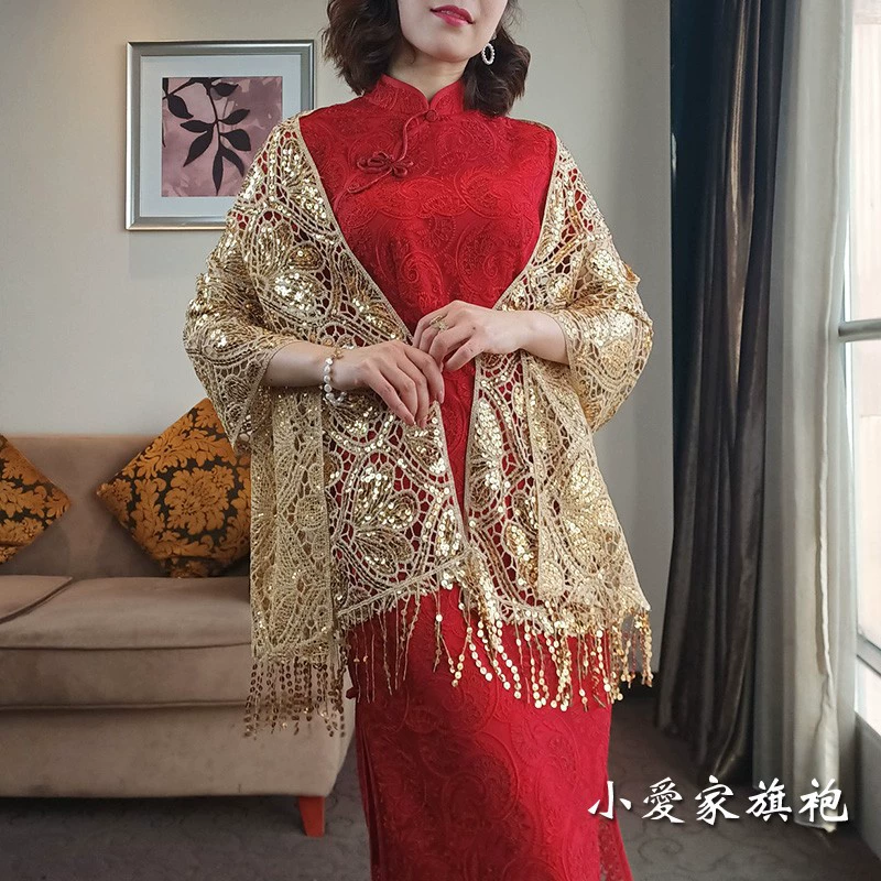 Шаль Cheongsam, верхняя одежда, реквизит, элегантные летние предметы, золотая прямоугольная верхняя одежда для свекрови, мамы, бабушки, свадебная верхняя одежда