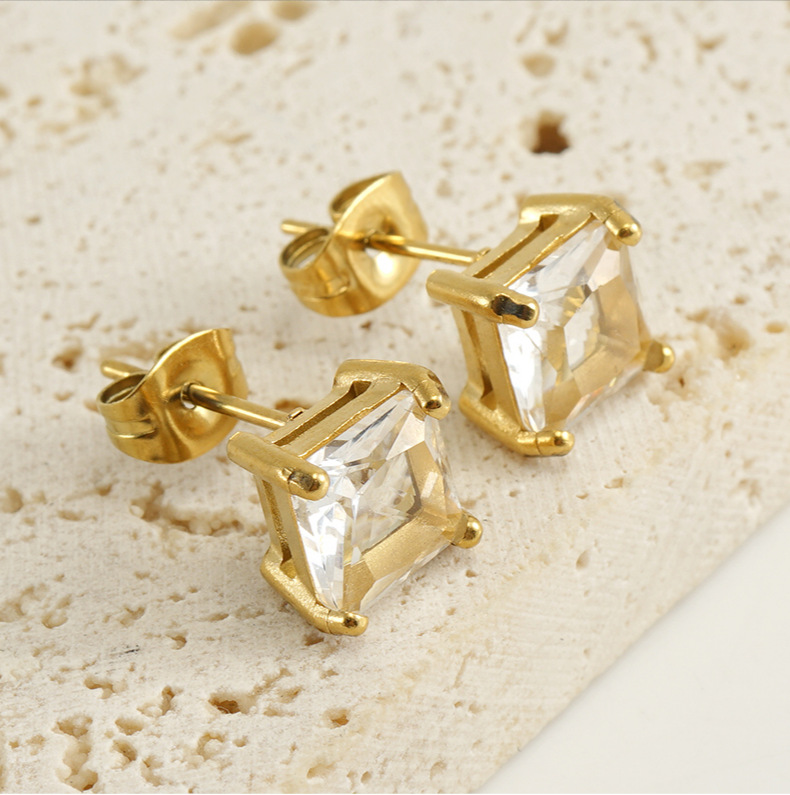 304 Stainless Steel Ear Needle Material 18K Gold Plated Plating Material 1 Pair Fashion Square Plating Inlay 304 Stainless Steel Zircon 18K Gold Plated Stainless Steel Earrings