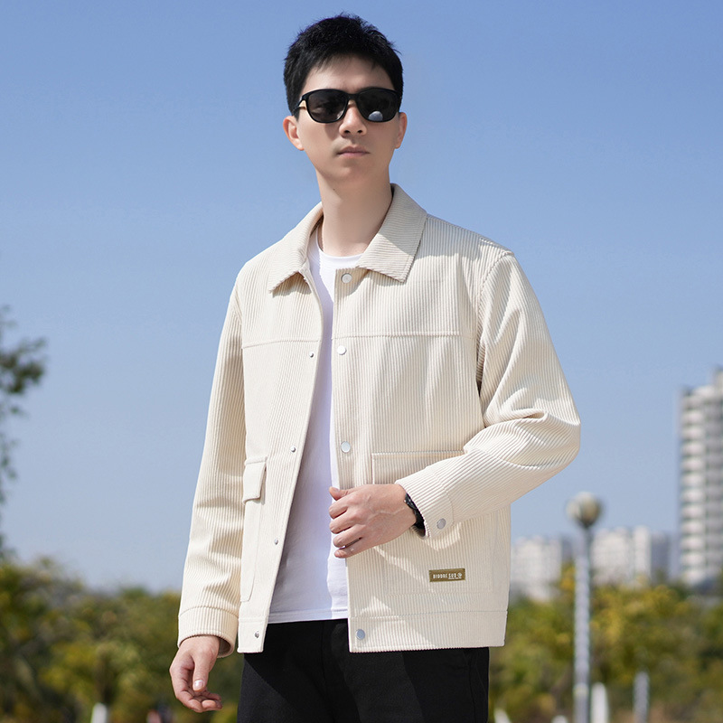 Young and Middle-aged Men's Spring and Autumn 2024 Business Slim-fit Jacket Corduroy Casual Shirt Collar Jacket Men's Solid Color Top