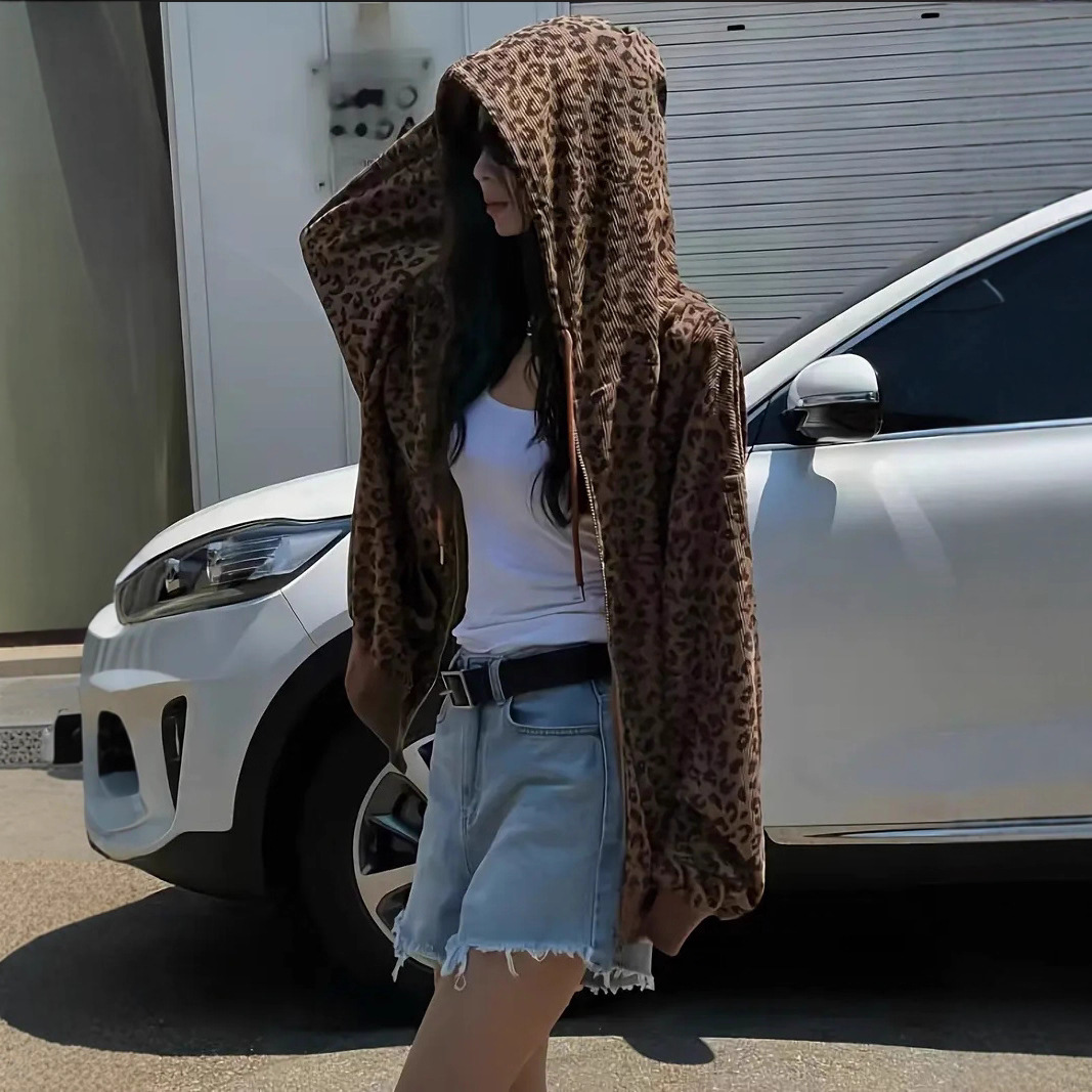 Women's Retro Leopard Print Hooded Cardigan - Oversized Streetwear Zip-Up Jacket With Long Sleeves, Casual Loose Fit, Polyester-Spandex Blend_voghion.com