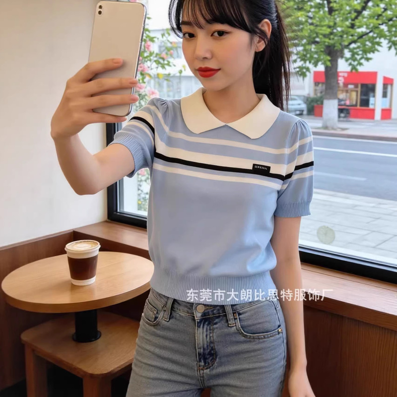 2026 New Summer Style Korean Casual Style Striped Lapel Work Clothing High-End Short-Sleeved Knitted Top for Women