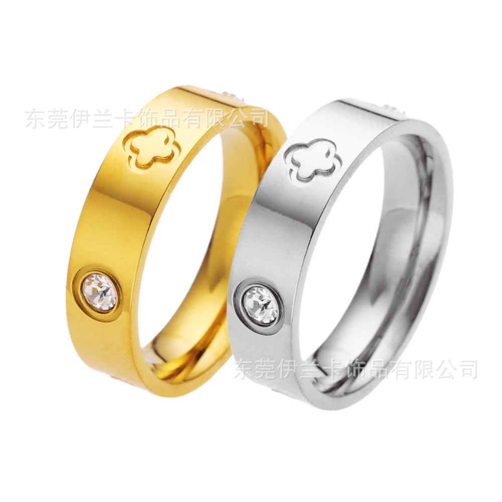 Estilo coreano hebilla de apertura de 6mm de oro rosa 18K afortunado Flor de cuatro hojas de diamantes pulsera de acero de titanio fábrica en stock al por mayor