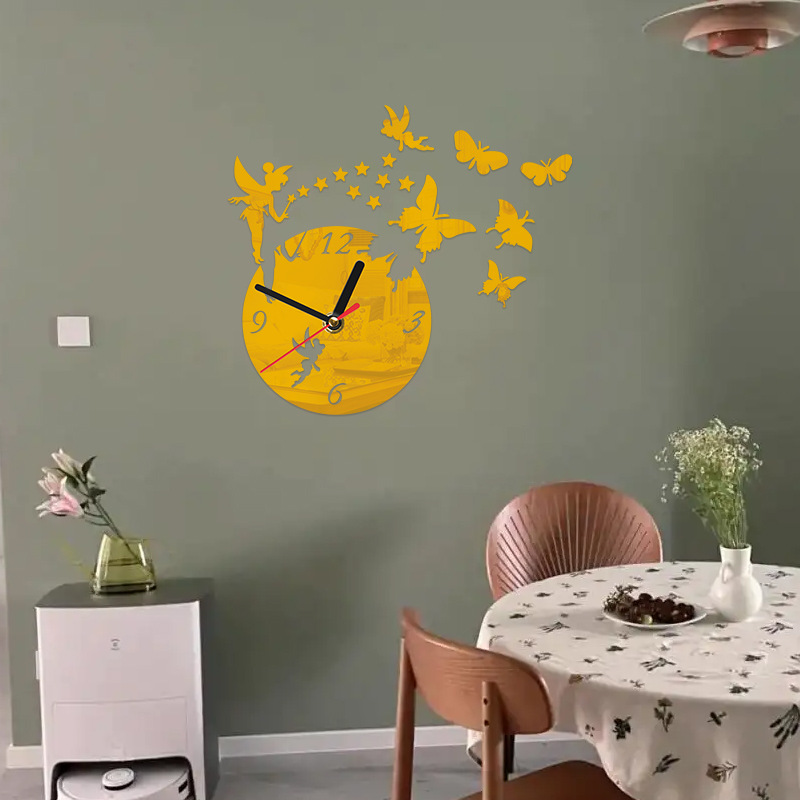 Akrilik Kendin Yap Sessiz Saat Peri Kelebek Ayna Sticker Yaratıcı Duvar Dekorasyonu Saat_voghion.com