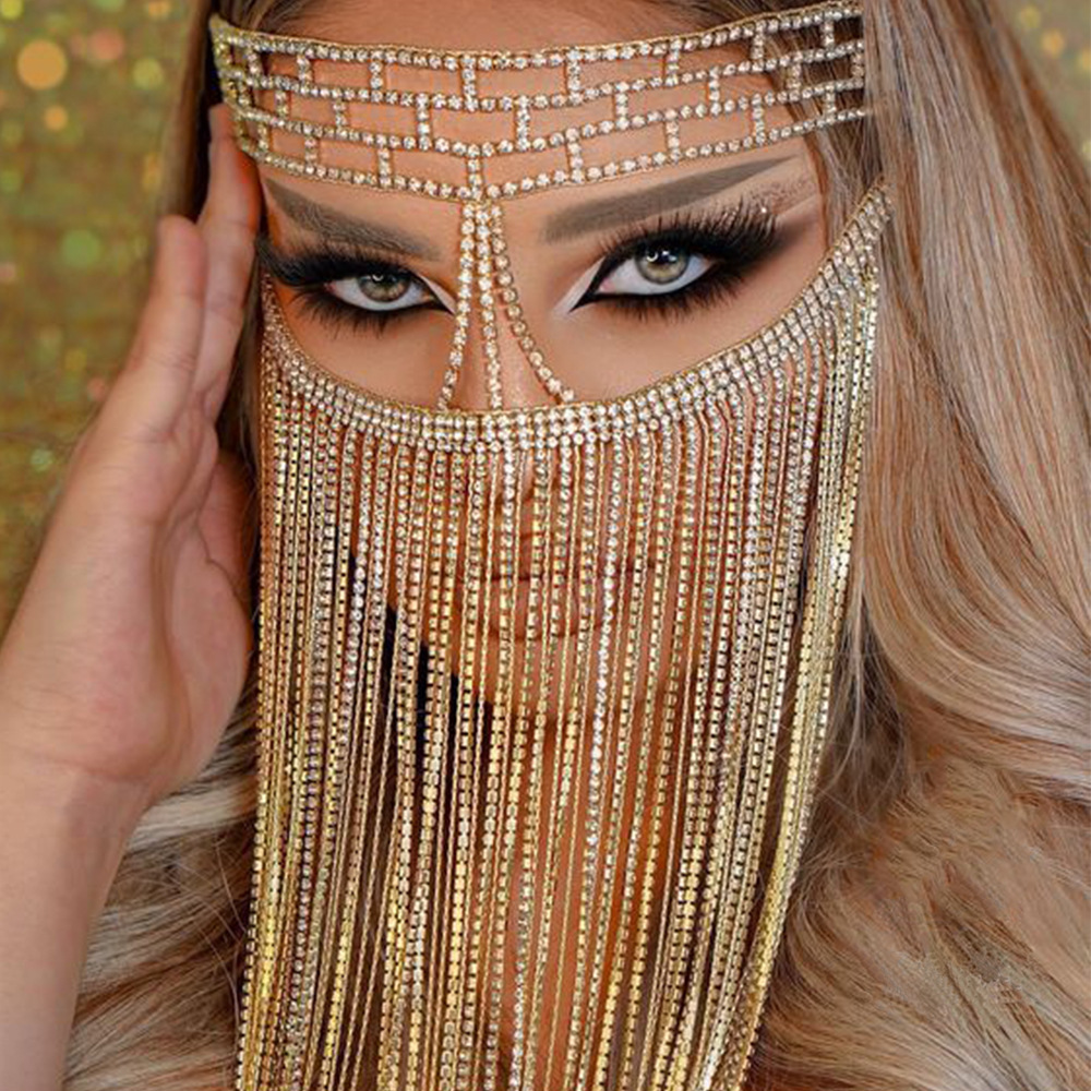 Amazon Venta caliente rhinestone máscara europea y americana exagerada borla Halloween bola máscara exótica accesorios máscara