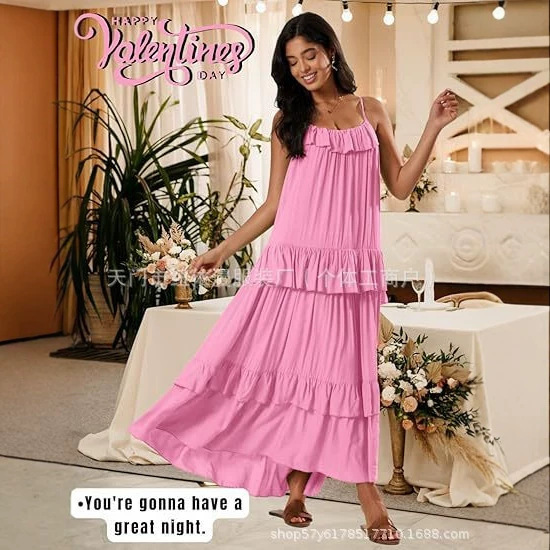 Layered Pleated Women's Dress, Backless Spaghetti Strap Bohemian Flowy Maxi Dress, Summer Beach Vacation