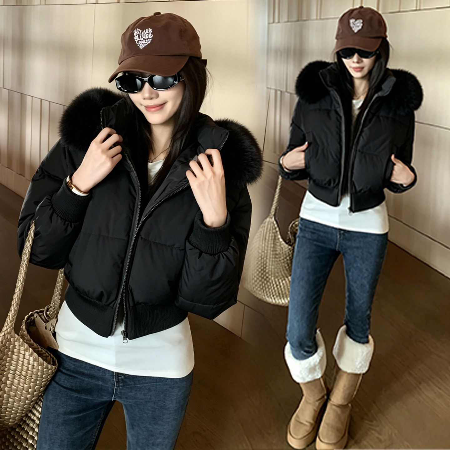 Detachable Hood, High-Waisted, Large Fur Collar, Hooded Short Cotton Jacket for Women, New Winter Style, Slim-Fit Cotton Coat Jacket