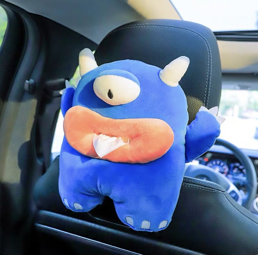 Lindo coche de dibujos animados caja apoyabrazos caja de pañuelos coche creativo colgando caja de pañuelos silla asiento trasero bolsa de tejido