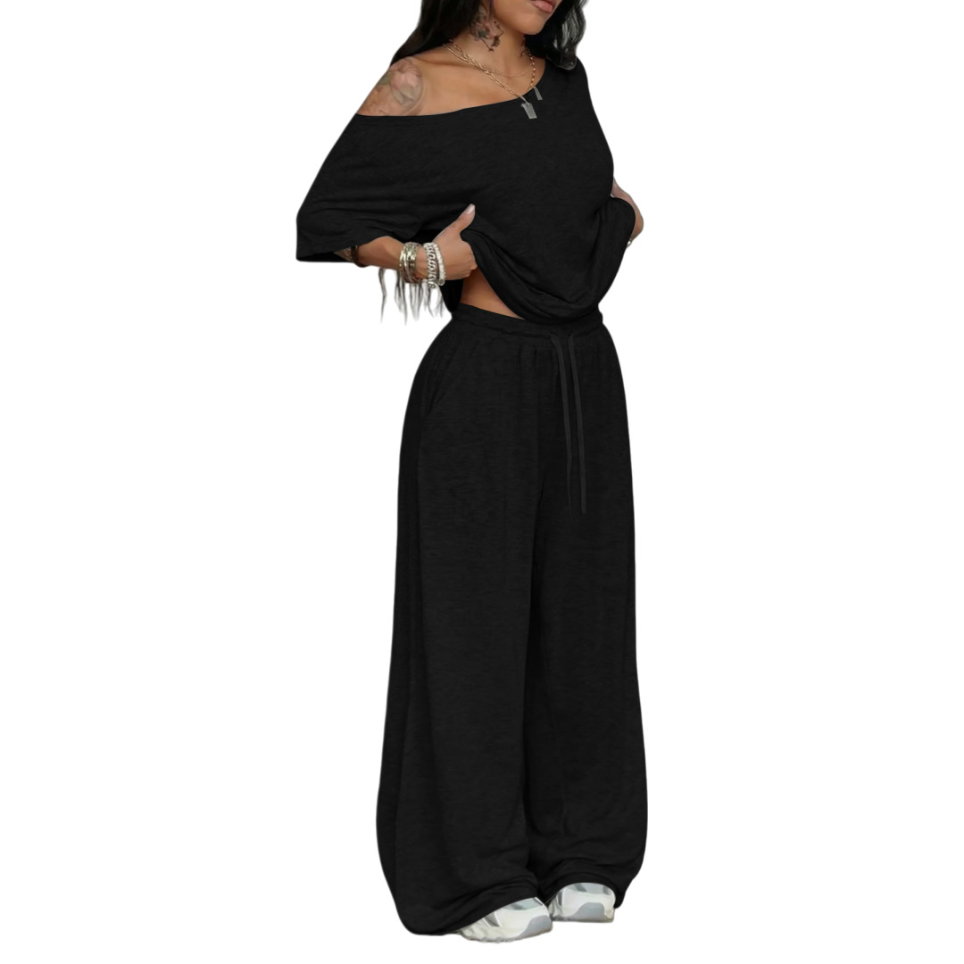 Women's Clothing Spring/Summer Women's Casual Wide Leg Pants Suit Solid Color Sports Two Piece Loose Trousers_voghion.com