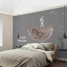 太空月球宇航员儿童房墙布北欧卡通床头壁布简约现代男孩卧室墙纸