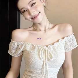 美式复古蕾丝钩花小众设计感方领系带恤纯欲收腰显瘦百搭短上衣