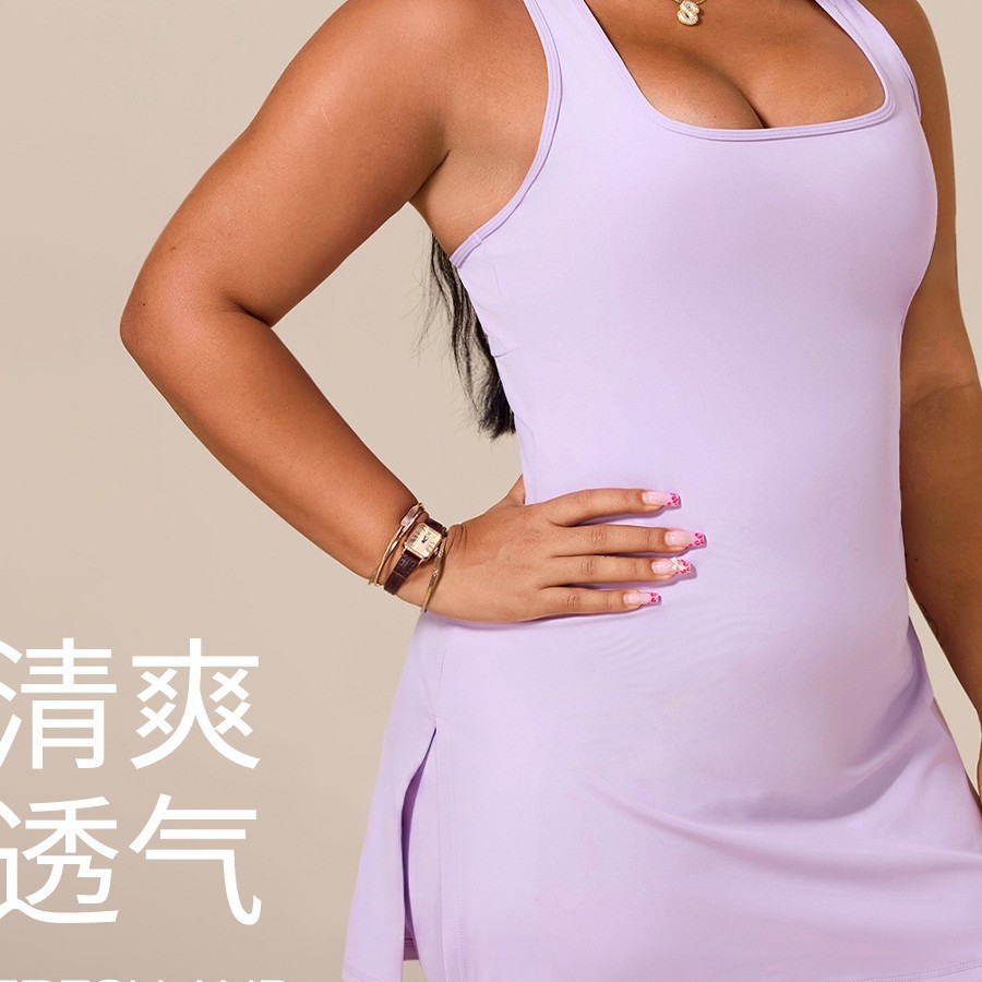 Cross-border plus-size sports tennis dress, square-neck tank top yoga dress, fitness dress for plus-size women, sports dress