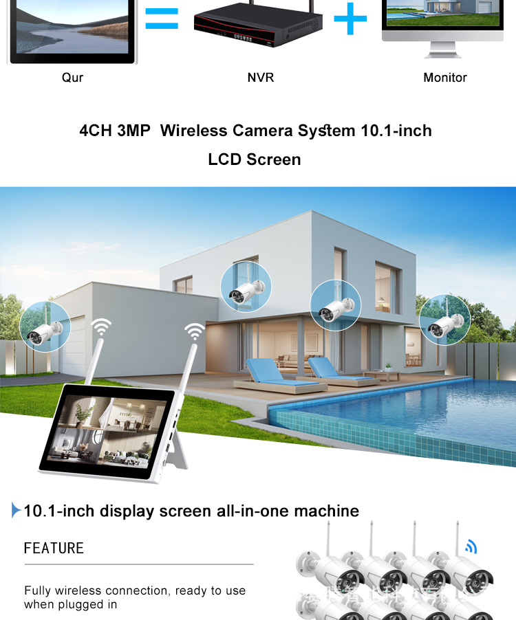 4-Kanal-Überwachungsvideokamerasystem mit Bildschirm, NVR WIFI-Kamera, breiter Anzeigebildschirm, AI-Infrarot intelligente kabellose Technologie.