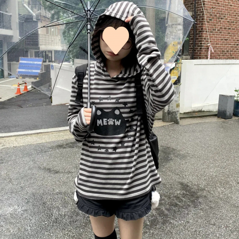 Cotton Subculture Cat Long-Sleeved Stripesd Loose Autumn and Winter Design Sweatshirt Japanese Style Cute Top Hooded Girls