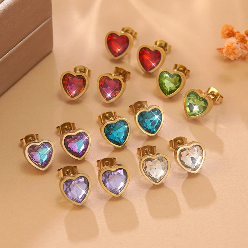 European and American Cross-Border Personalized Versatile Colorfulful Heart Zircon Earrings for Women High-End Fashion Design Stainless Steel Earrings