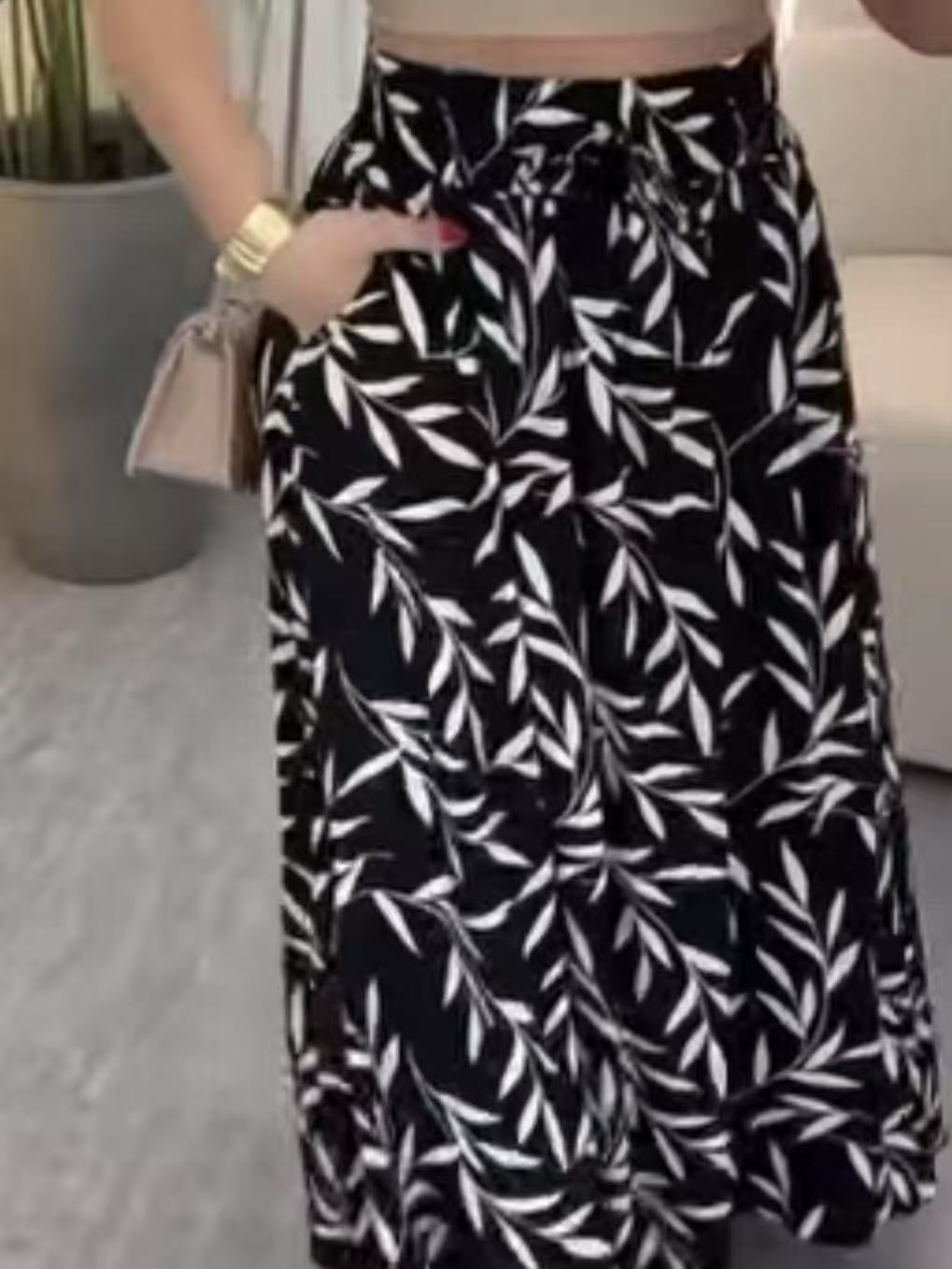 Women's Casual Wide Sleeve Printed Slit Pocket Midi Skirt Bestselling_ecoleips.com