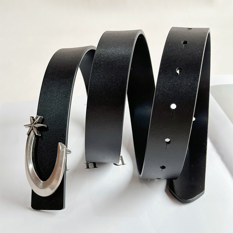 Niche Designer Men and Women Electroplated Silver Buckle Leather Belt Trendy Punk INS Same Style Belt Star Customization