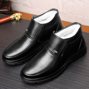 Winter first layer cowhide wool warm Men's cotton shoes black winter flat heel leather round toe casual thickened men's shoes