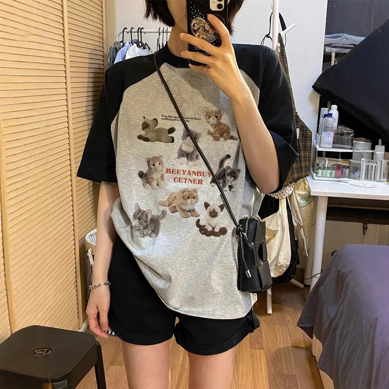 American-style oversize plus size Ras Short-sleeved T-shirt Women's Summer Pure Cotton Retro Loose Loose Top Instagram Style National Fashion for Couple