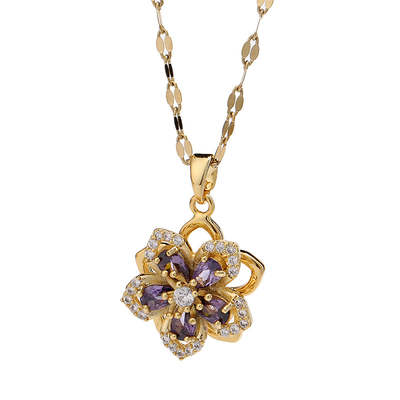 Colgante giratorio de doble capa con flor de cinco pétalos y circonita púrpura, en collar de acero de titanio, para mujer.