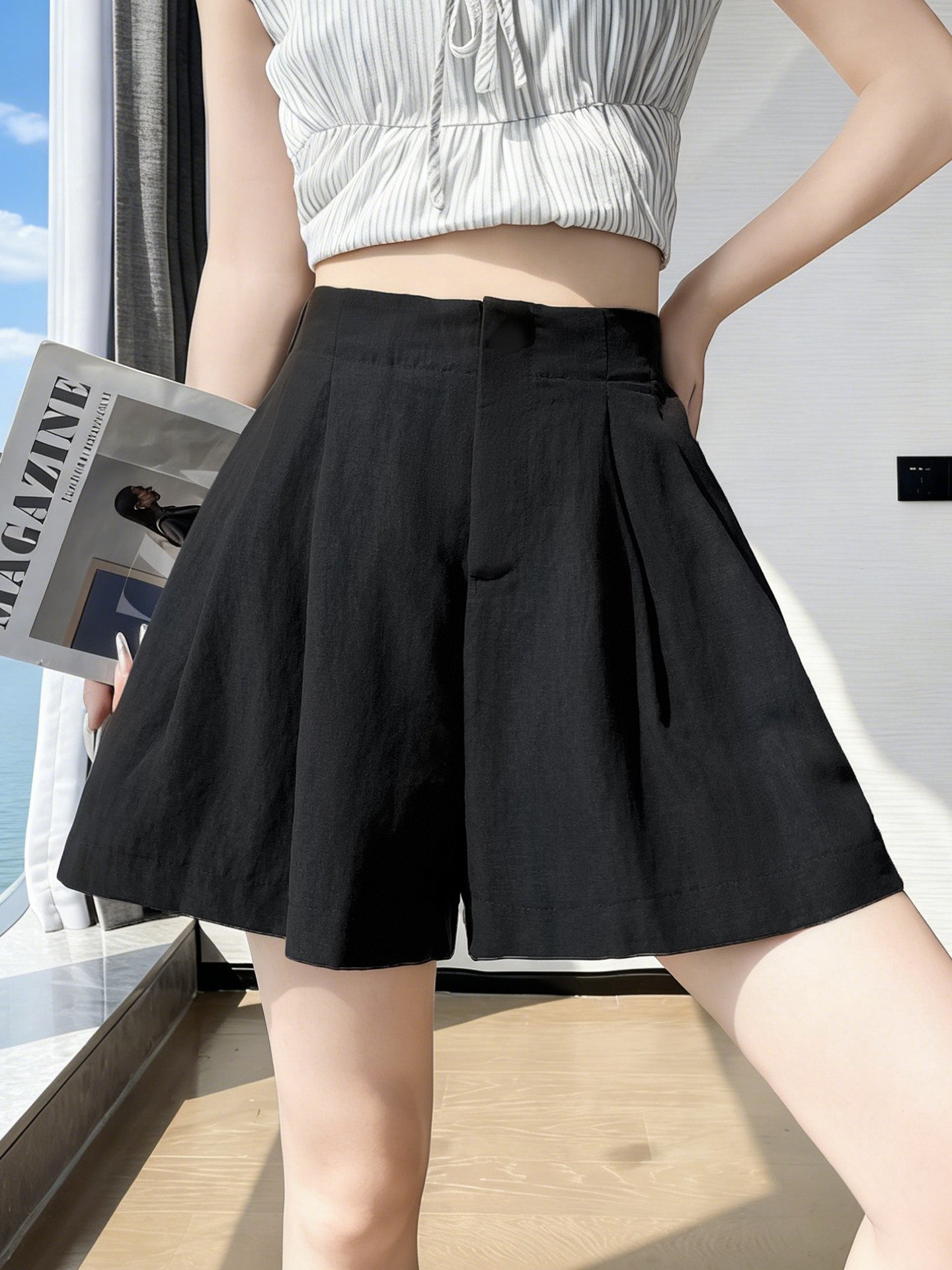 Quần short nữ vải lanh cạp cao ống rộng dáng suông mùa hè — màu đen