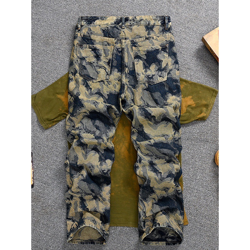 Men's Clothing Korean Style Retro Washed Distressed Jeans For Men, Loose Straight Leg Wide Leg Patchwork Tie Dye Print High Street Style Pants._voghion.com