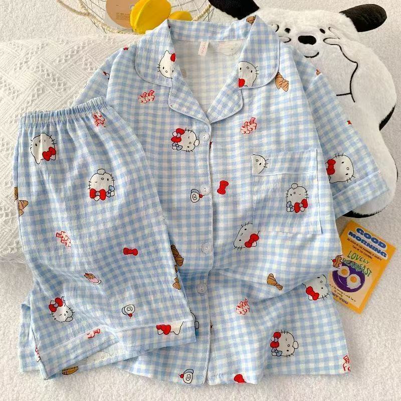 雲の綿の日本のカラーの丸い点の大きいサイズのパジャマの女性の春の夏の半袖のかわいい少女の2つのセットの部屋の服|undefined