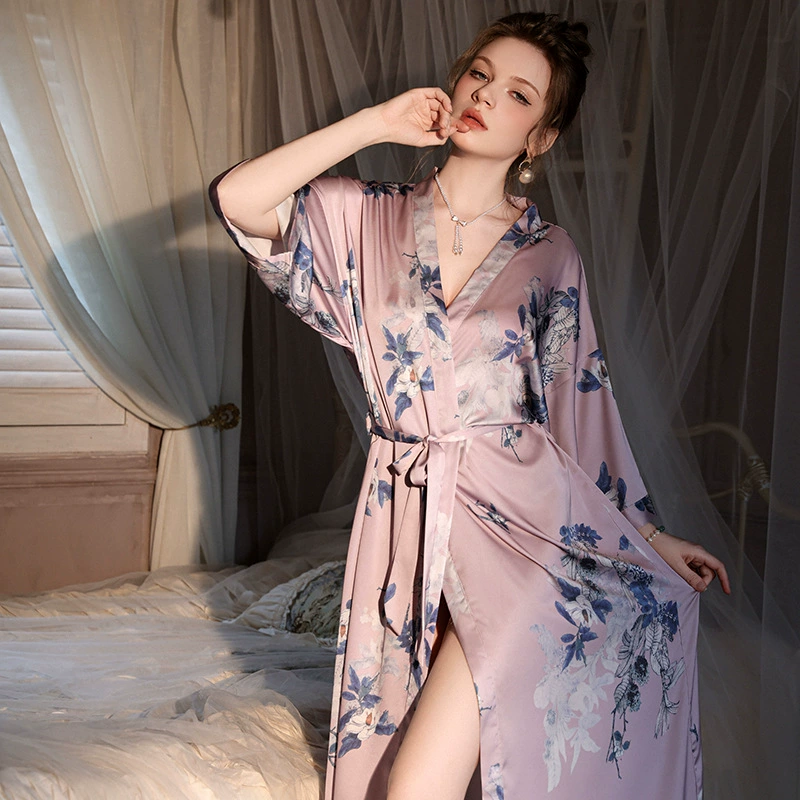 Silk summer bathrobe, long thin pijama, Korean style, maxi length