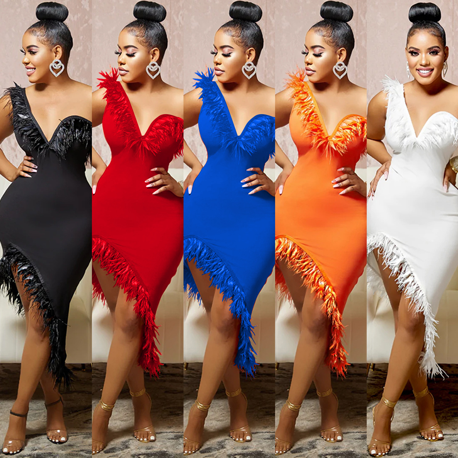 Abito da sera di Capodanno da donna in tinta unita con scollo a V, senza maniche, gonna a portafoglio e piume irregolari_voghion.com