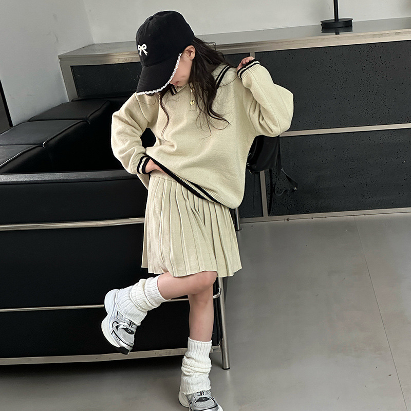 소녀의 2024 대학 스타일 게으른 폴로 칼라 스웨터 높은 허리 스커트 세트 플리츠 스커트 세트 트렌디