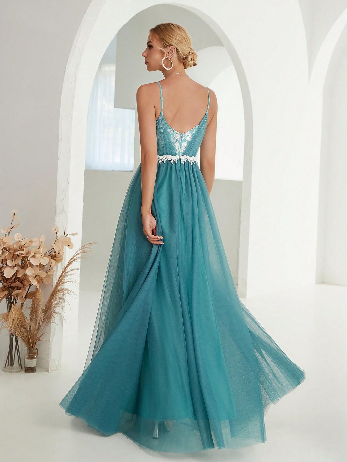 Women Suspender Evening Dress Mesh Cross Fold Lace Contrast Color Maxi Dress Summer