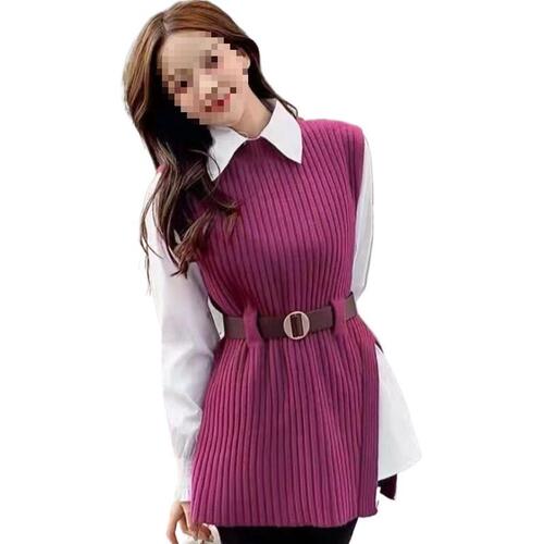 Women's Fashion Set: Knit V-neck Blouse and Pencil Cardigan Two-Piece Set with Belted Split Knit Cardigan and Bell Sleeve Blouse