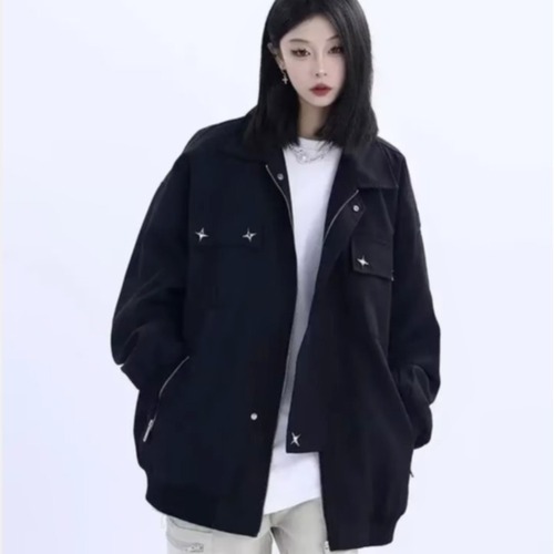 Long-sleeve Harajuku Jacket, Solid Color, Literary Spring and Autumn Outerwear, Trendy Collar, Youthful and Popular Men's Zipper Standard Simple